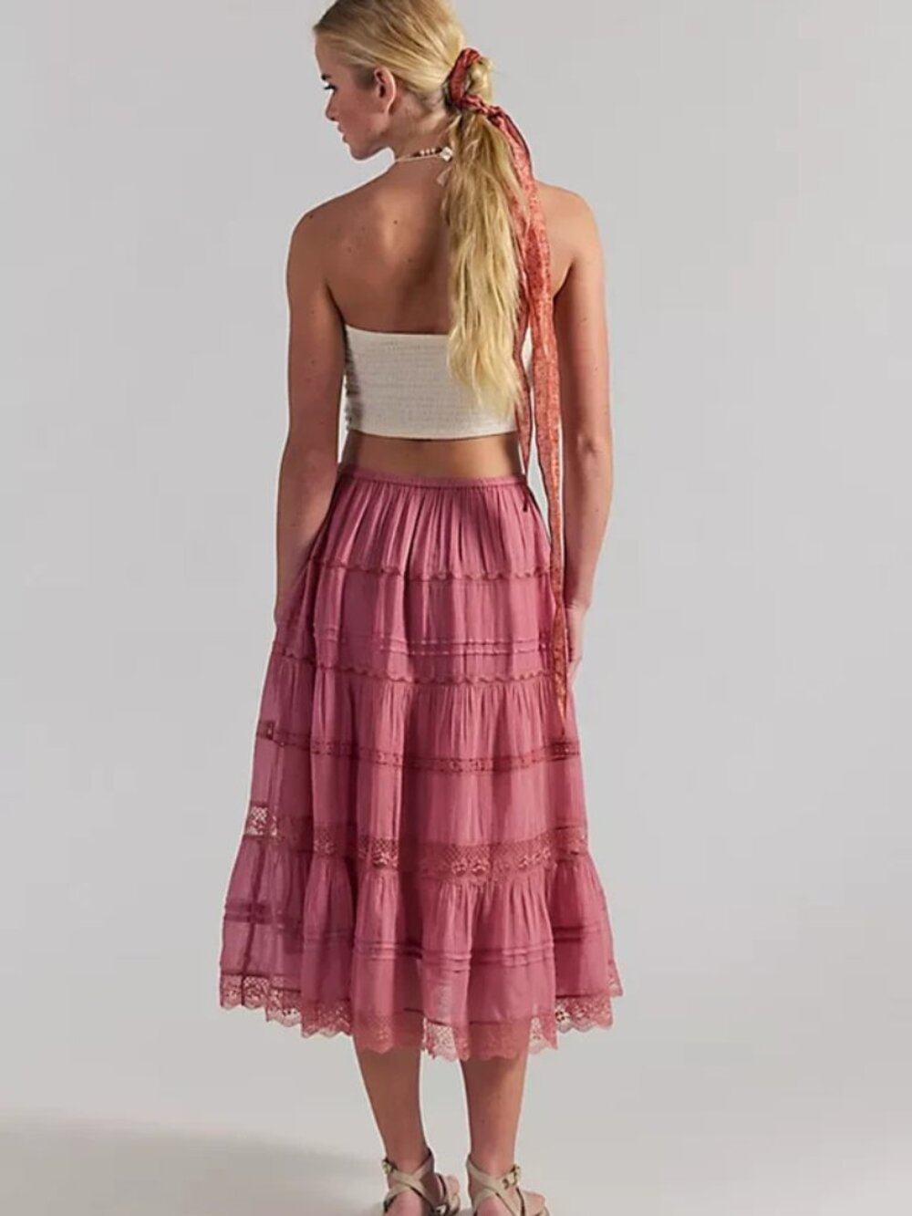 Free People FP One Lily Lace Midi Skirt Mauve Pull On Elastic M - Picture 2 of 2